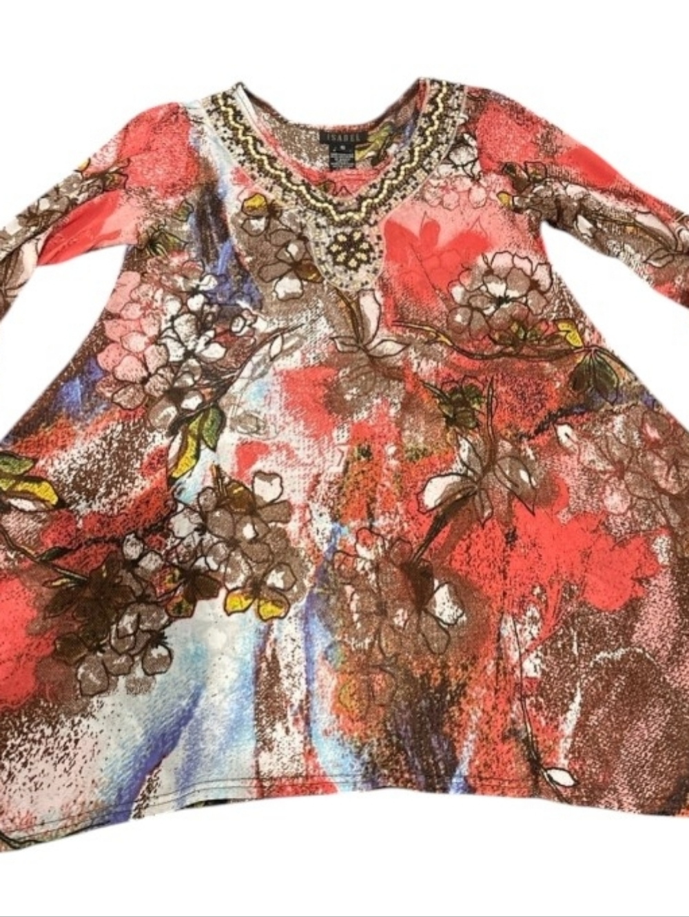 Isabel Beaded Coral Floral 3/4-Sleeve Swing Blouse